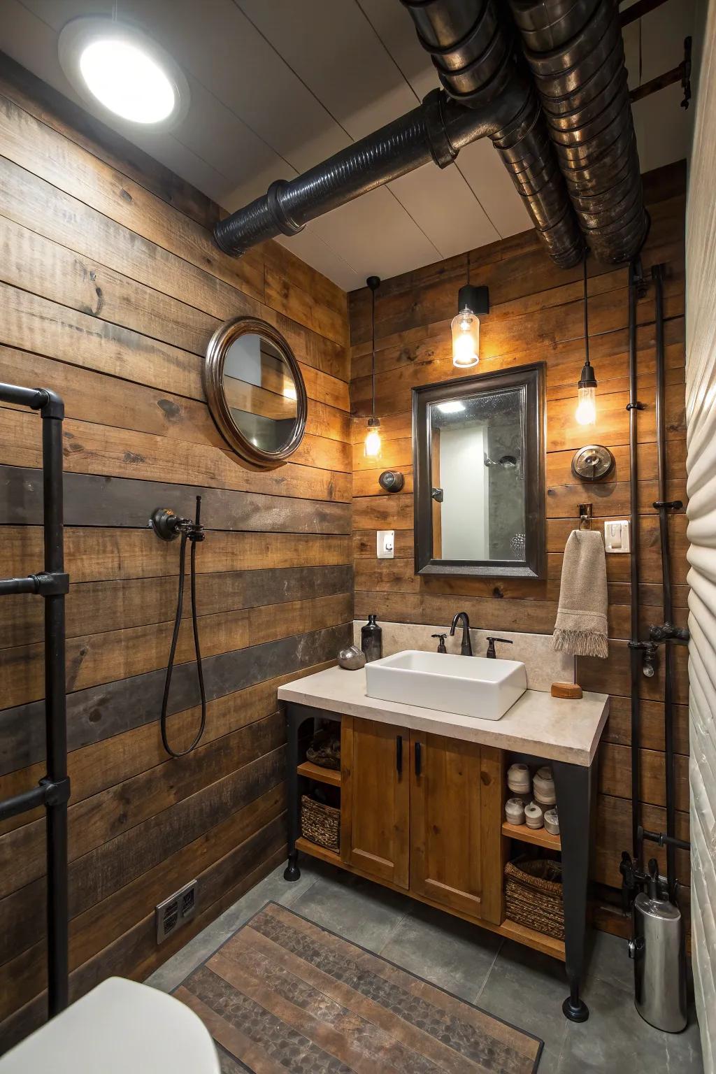 Rustic wood planks add warmth and charm to your bathroom.