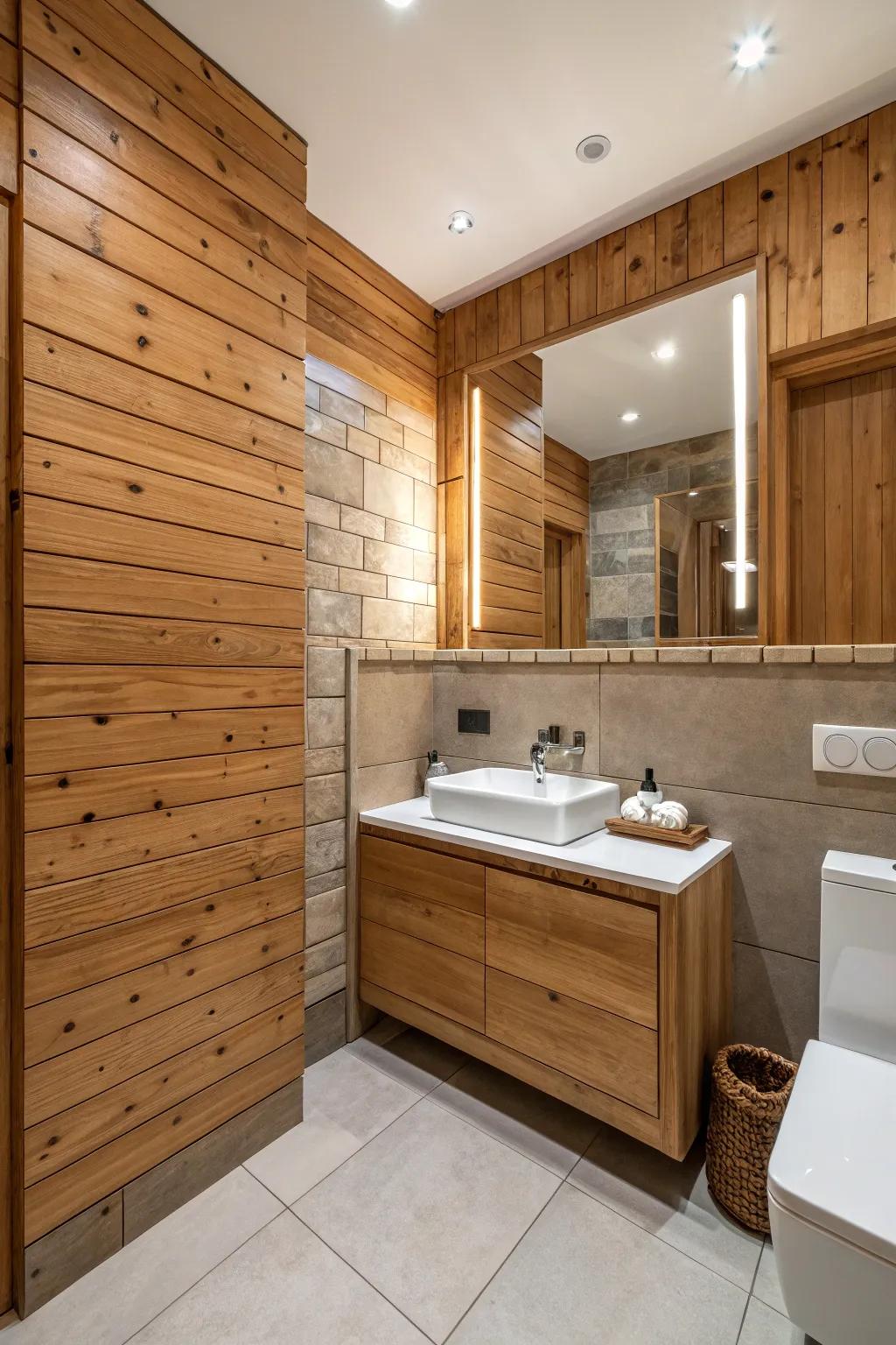 Wood cladding on a bulkhead introduces a warm, rustic element.