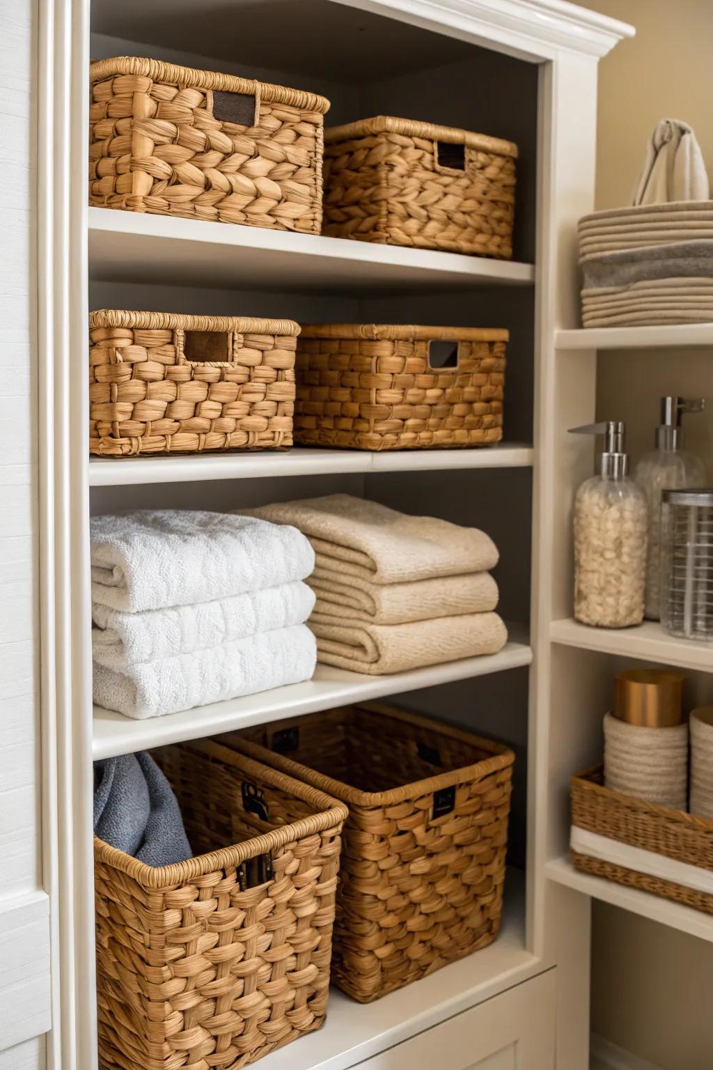 Coordinated storage bins bring order and style to any closet.