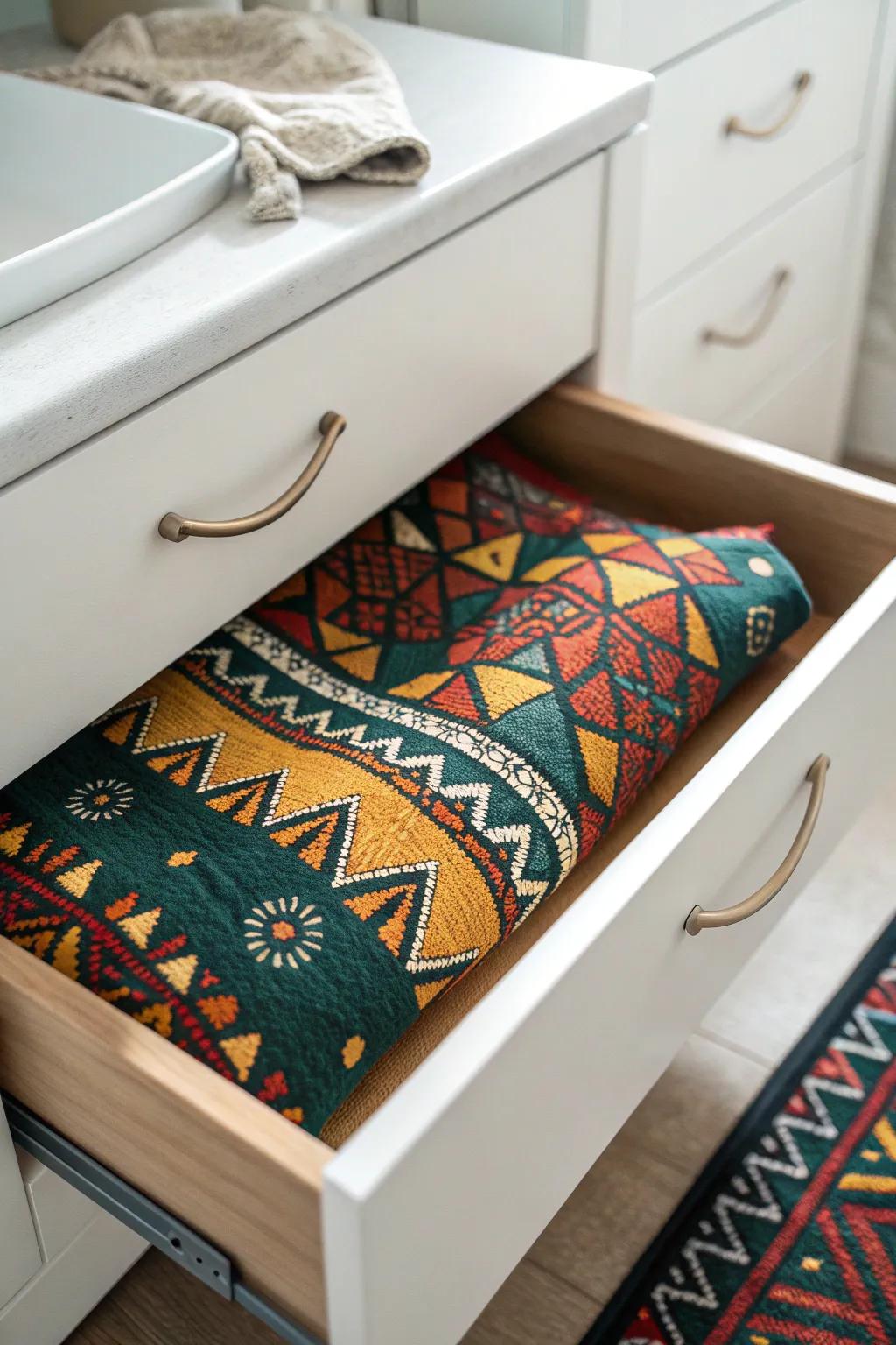 Add a touch of warmth and color to your bathroom with a handcrafted fabric drawer liner.