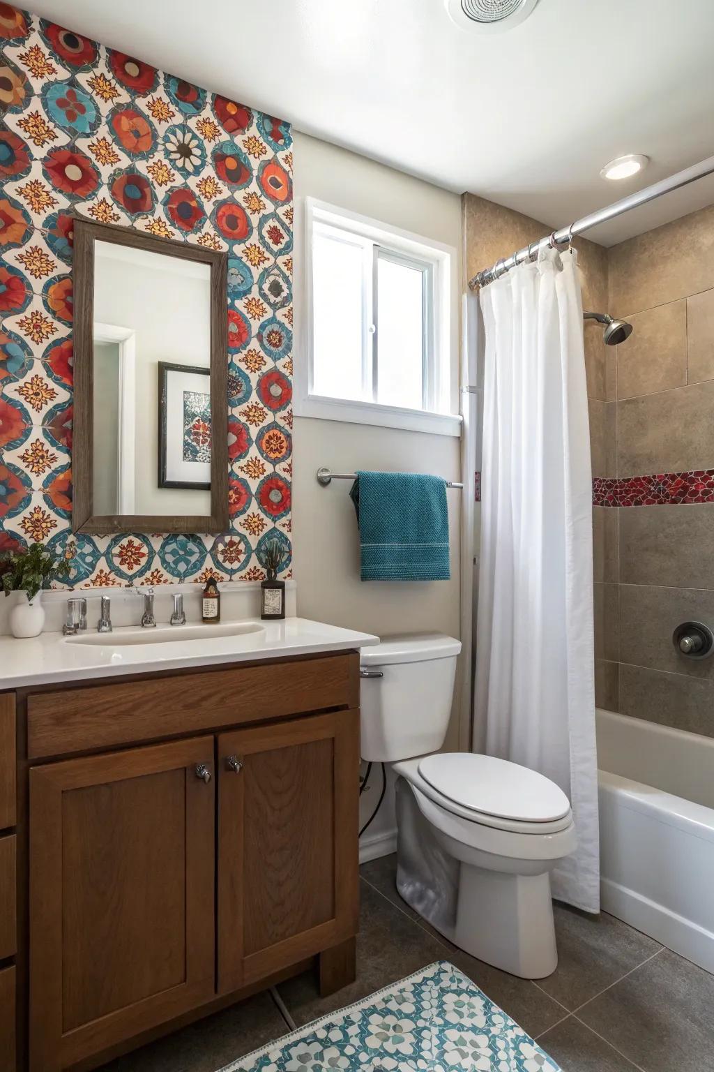 A bold accent wall that adds character and flair to a teen's bathroom.