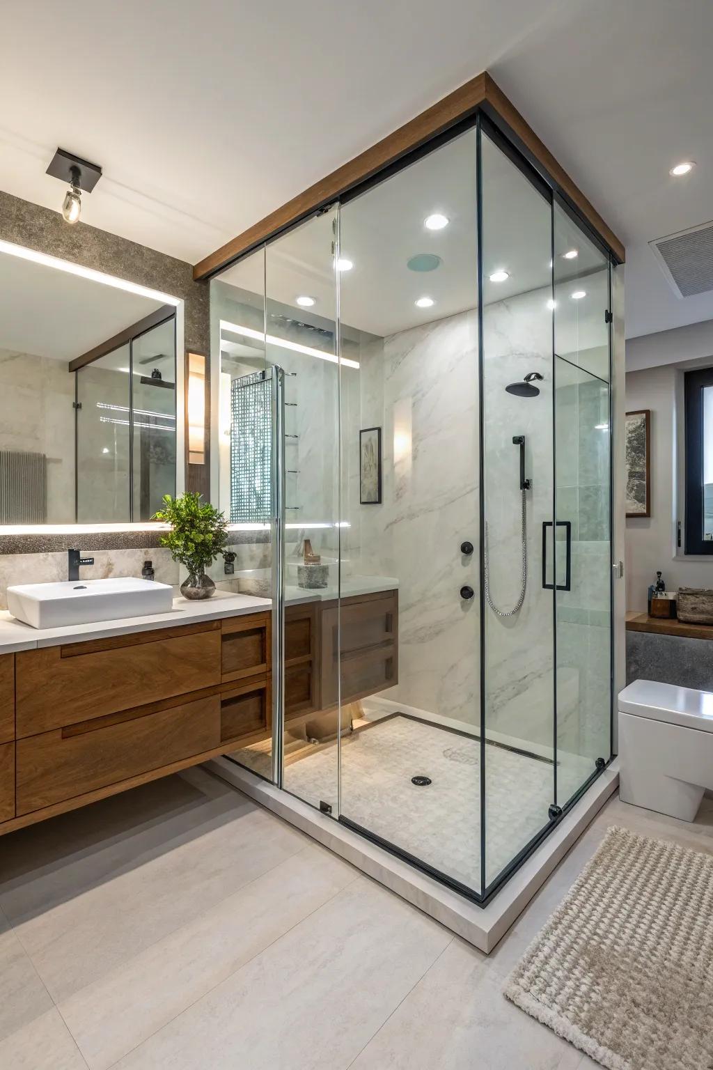 A spacious walk-in shower with glass panels for a modern look.