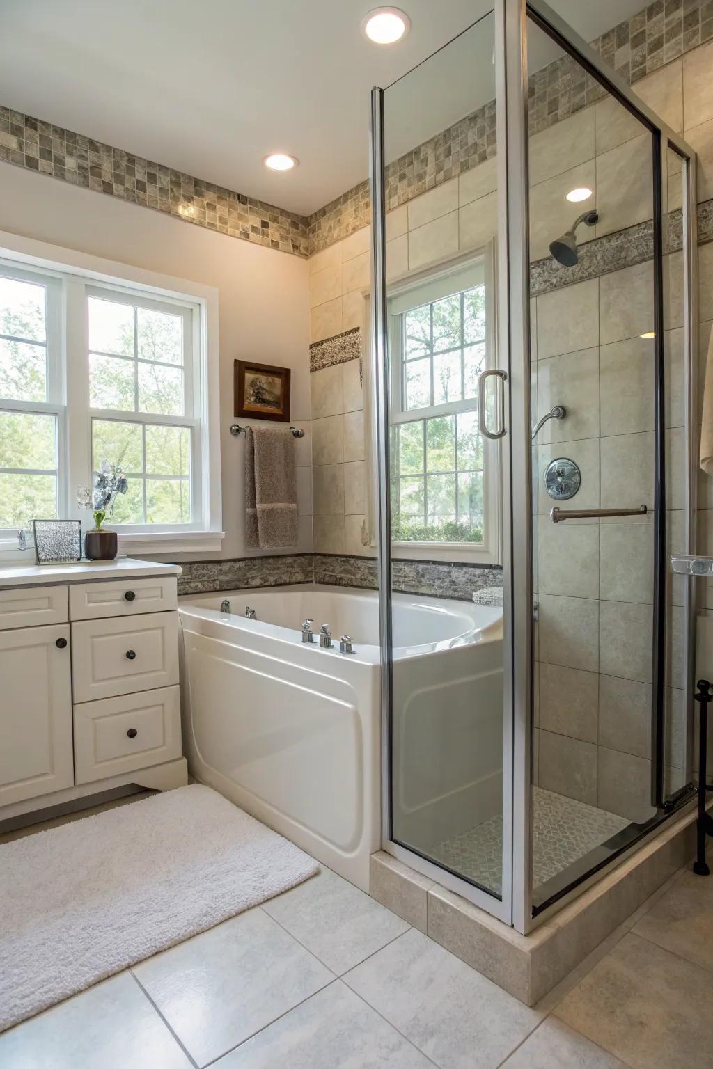 A gooseneck shower arm adds versatility and style to a walk-in tub.