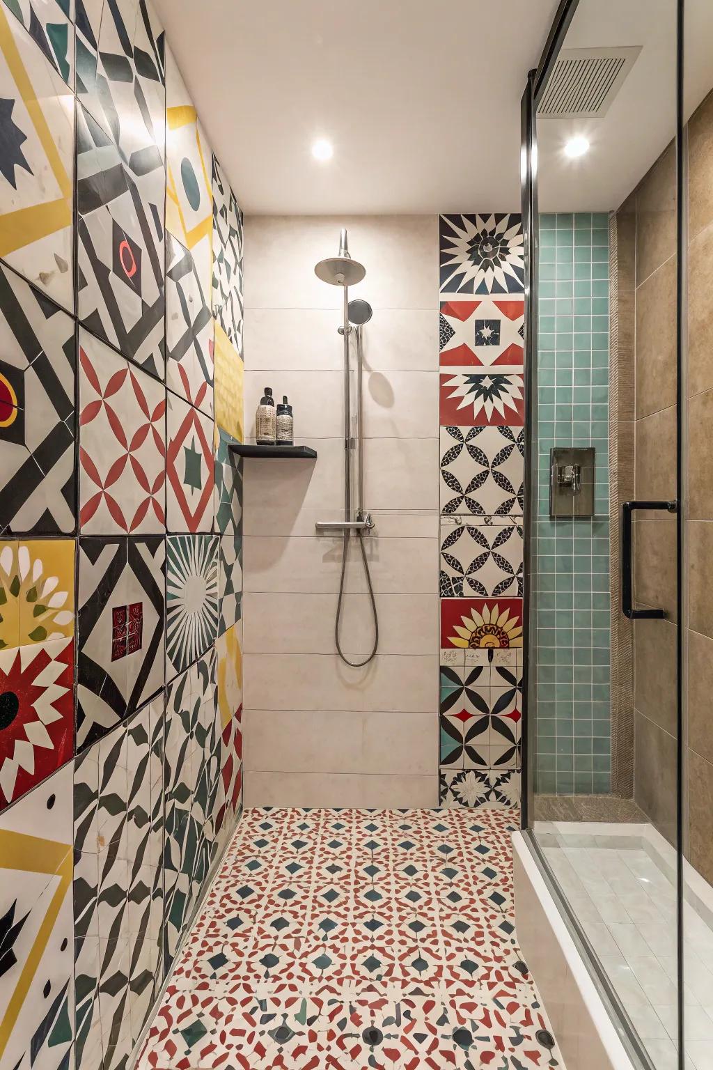 Patterned tiles create a striking focal point in your shower.