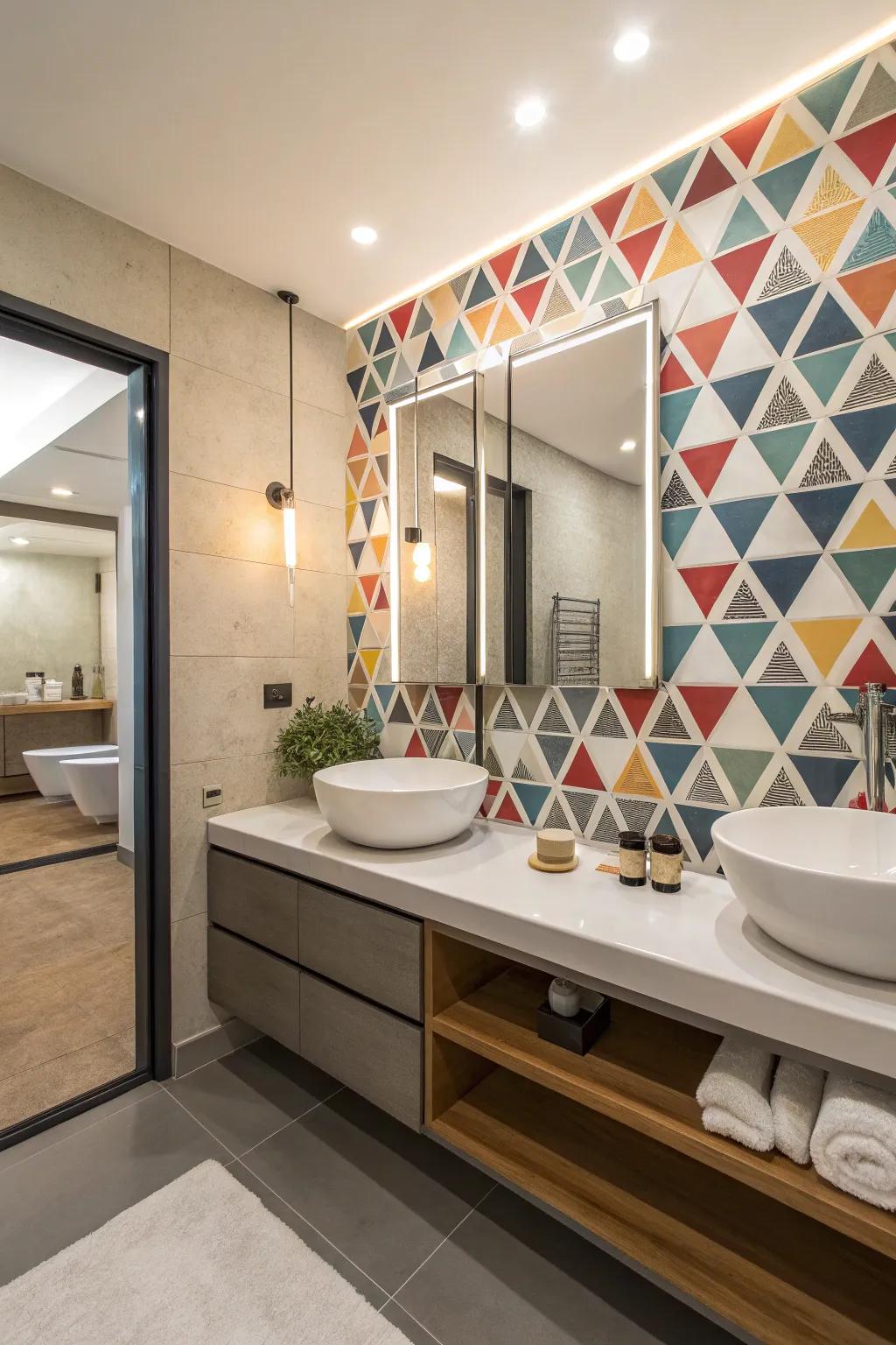 Geometric patterns provide structure and depth to your bathroom decor.