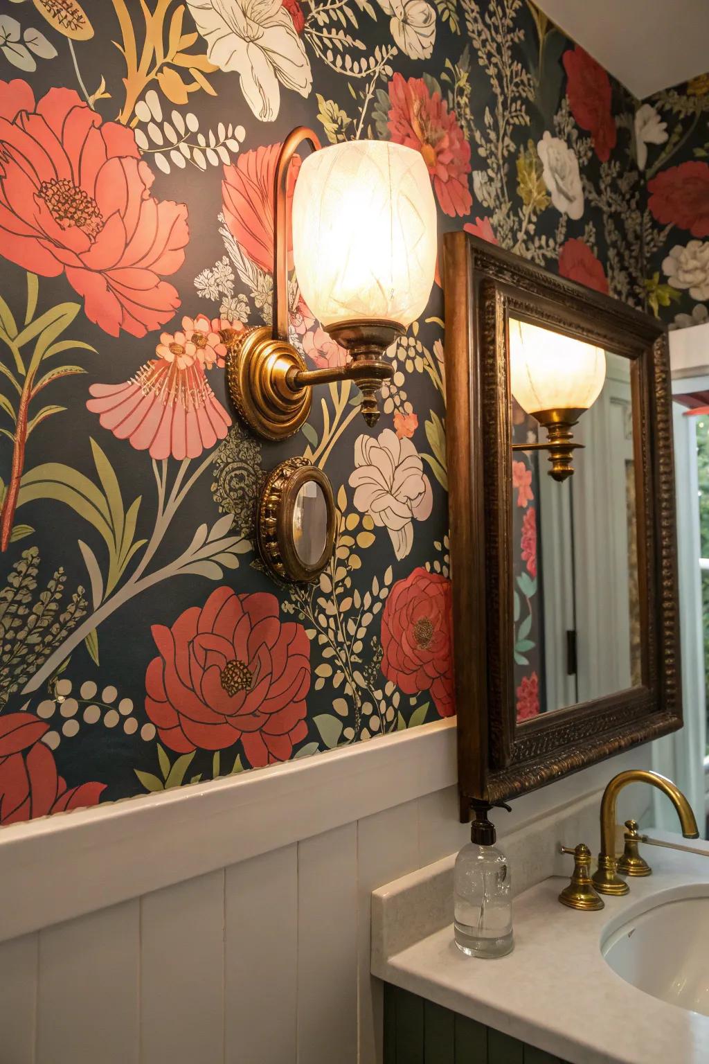 A statement light fixture that enhances the bathroom's decor.