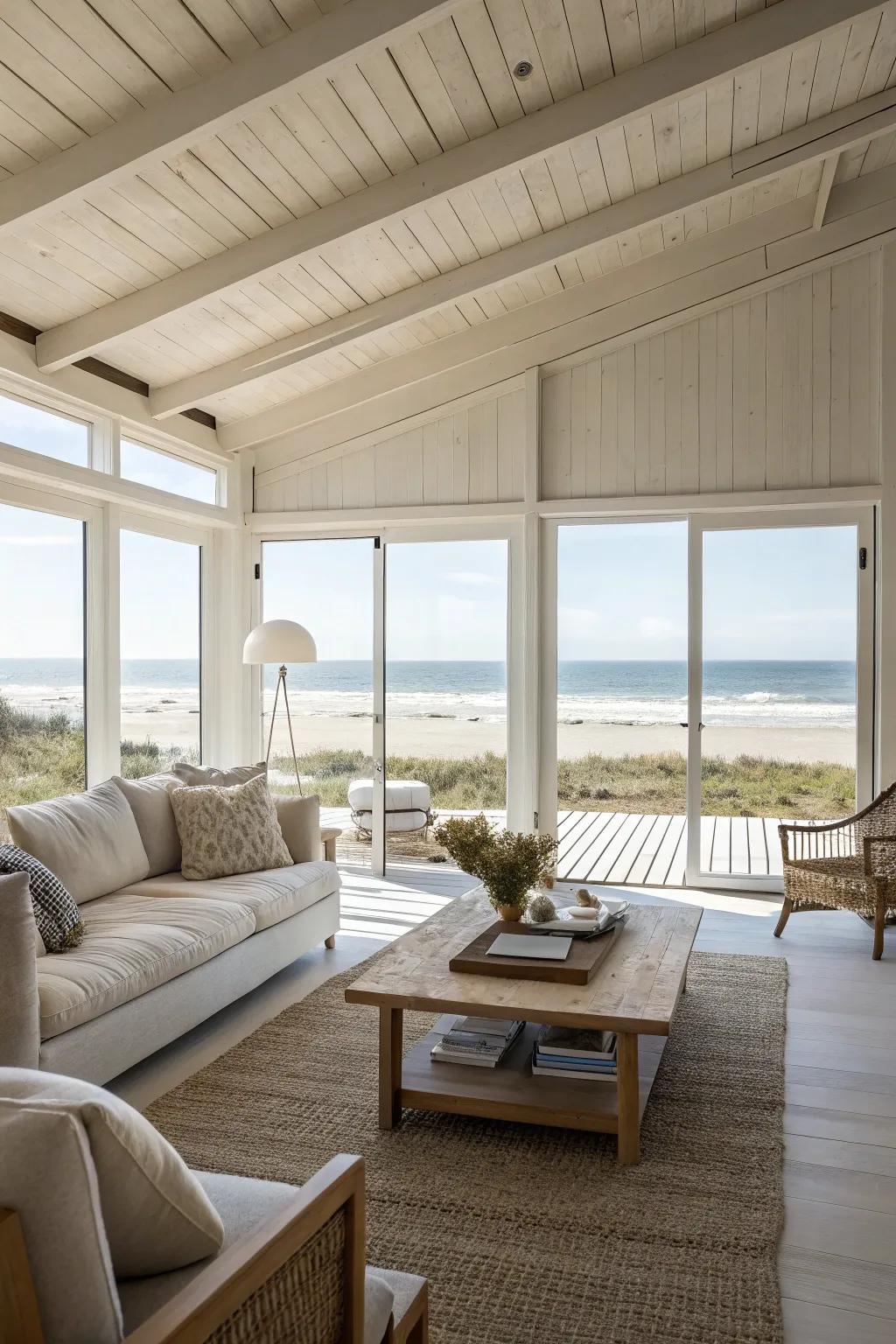 Minimalist furniture complements the open space in this beach house.