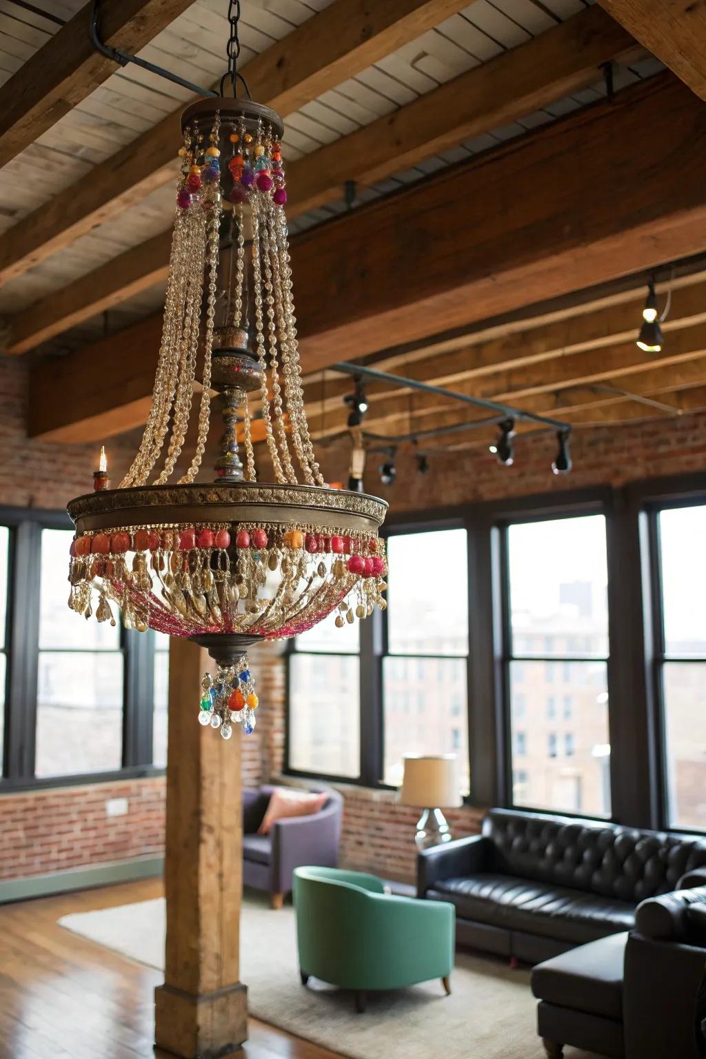 A vintage chandelier transformed with vibrant beads.