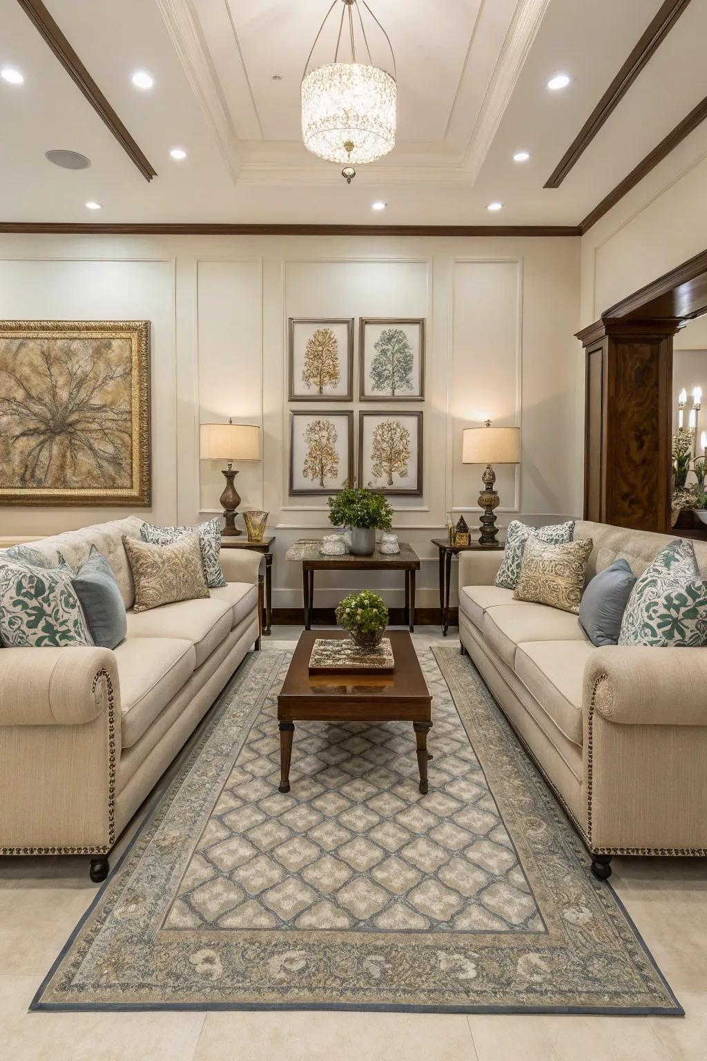 Symmetry brings balance and order to this living room design.