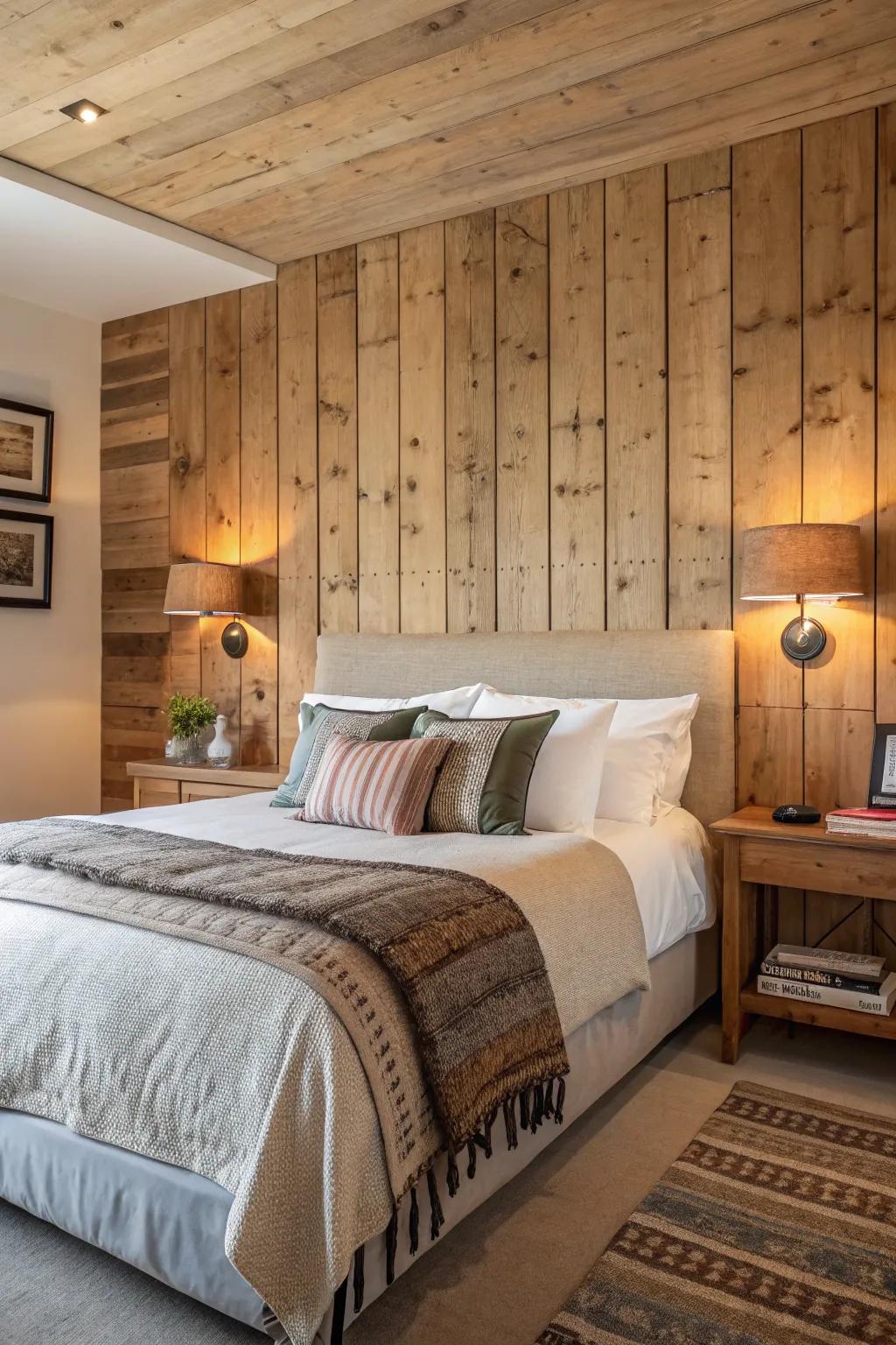 A warm and rustic bedroom with wood paneling backdrop.