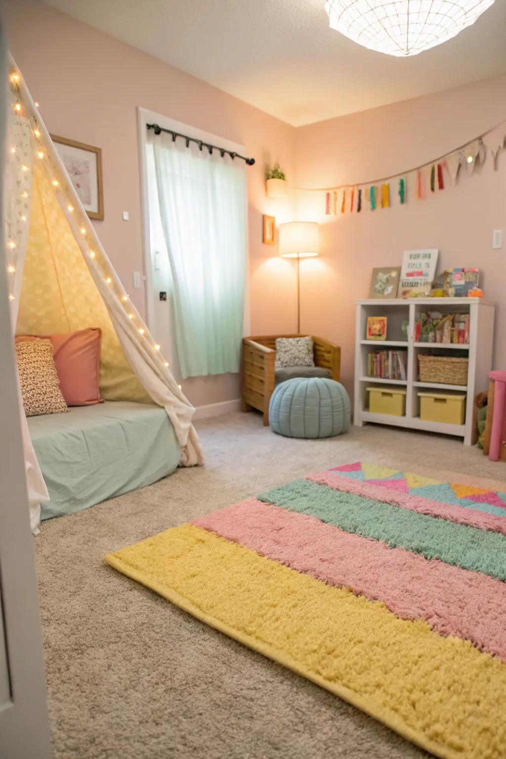 A toddler's bedroom with a plush area rug, providing a soft and safe play area.