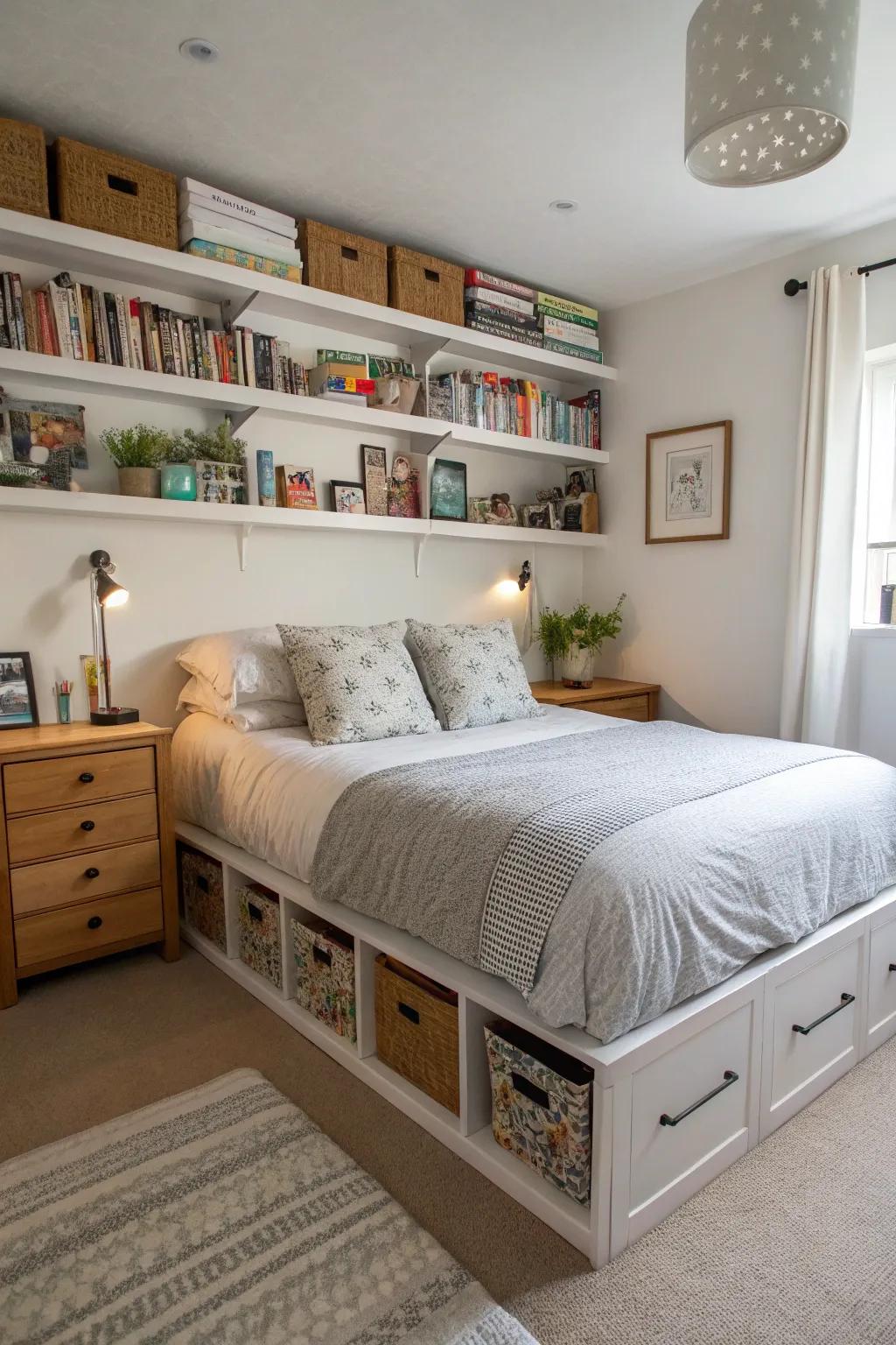 Clever storage solutions keep this bedroom organized and spacious.