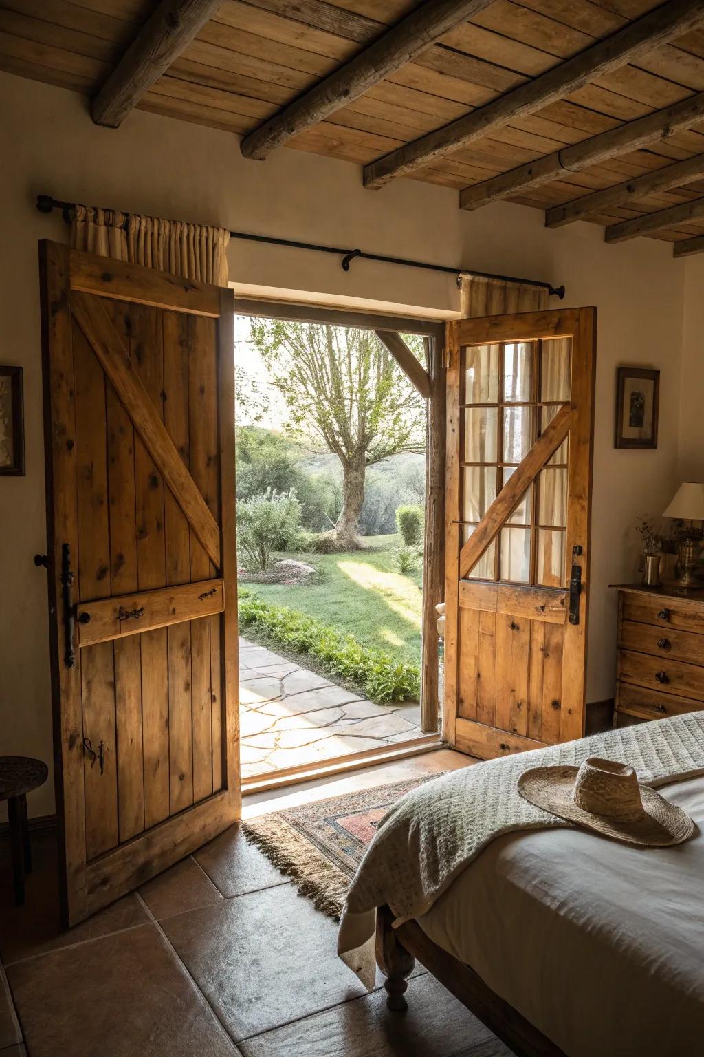 Barn doors offer rustic charm and functionality, ideal for a cozy, farmhouse-style bedroom.