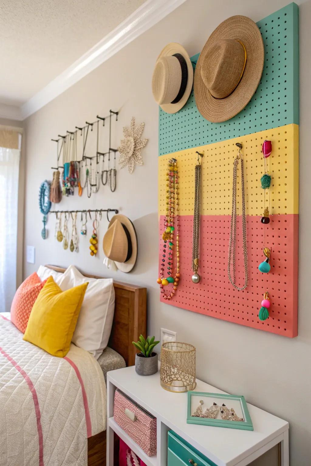 Pegboards offer customizable storage for accessories, adding a splash of color to the room.