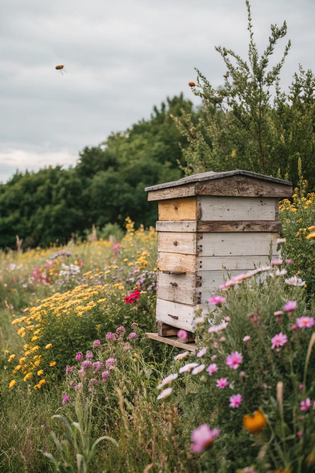 A rustic-themed bee hive in earthy tones, harmonizing with nature.