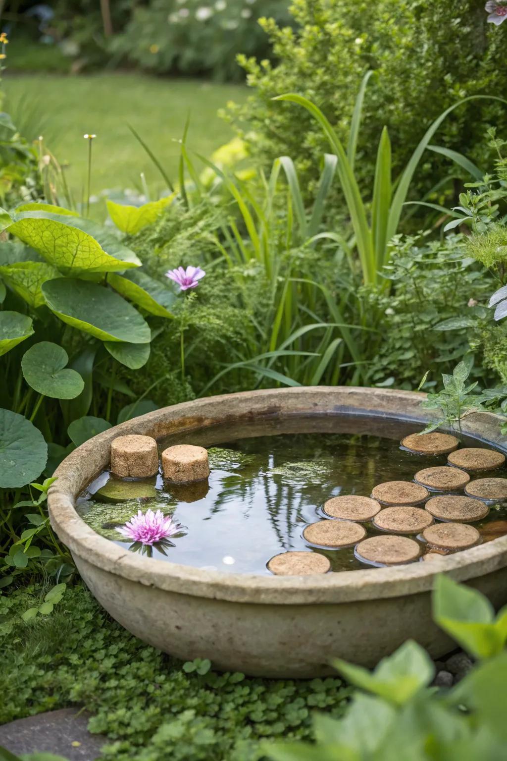 Floating cork pads create a safe bee watering station in a shallow dish.