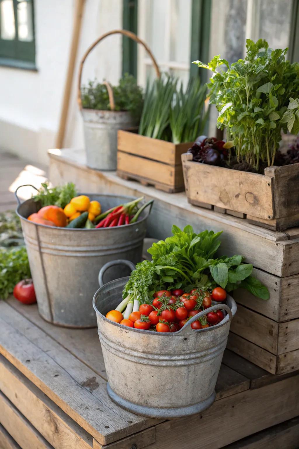 Repurposed containers add charm to any garden space.