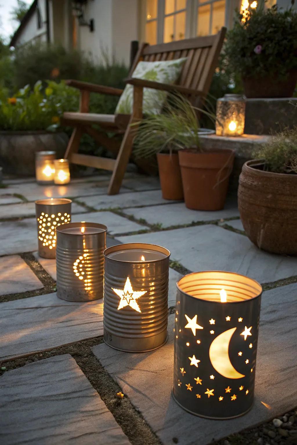 Tin can lanterns casting enchanting patterns.