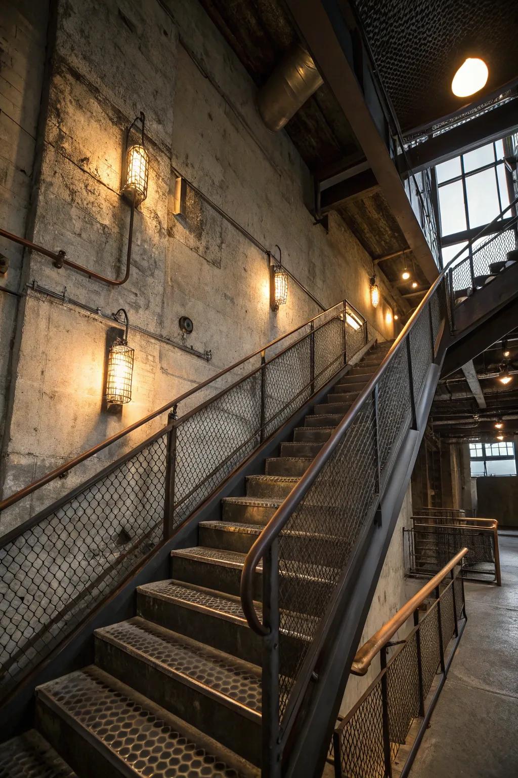 Industrial sconces add an edgy vibe to loft-style staircases.