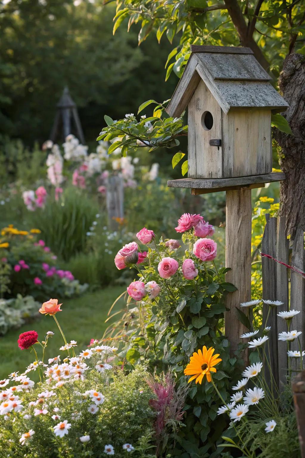 Add whimsy to your cottage garden with a charming birdhouse.