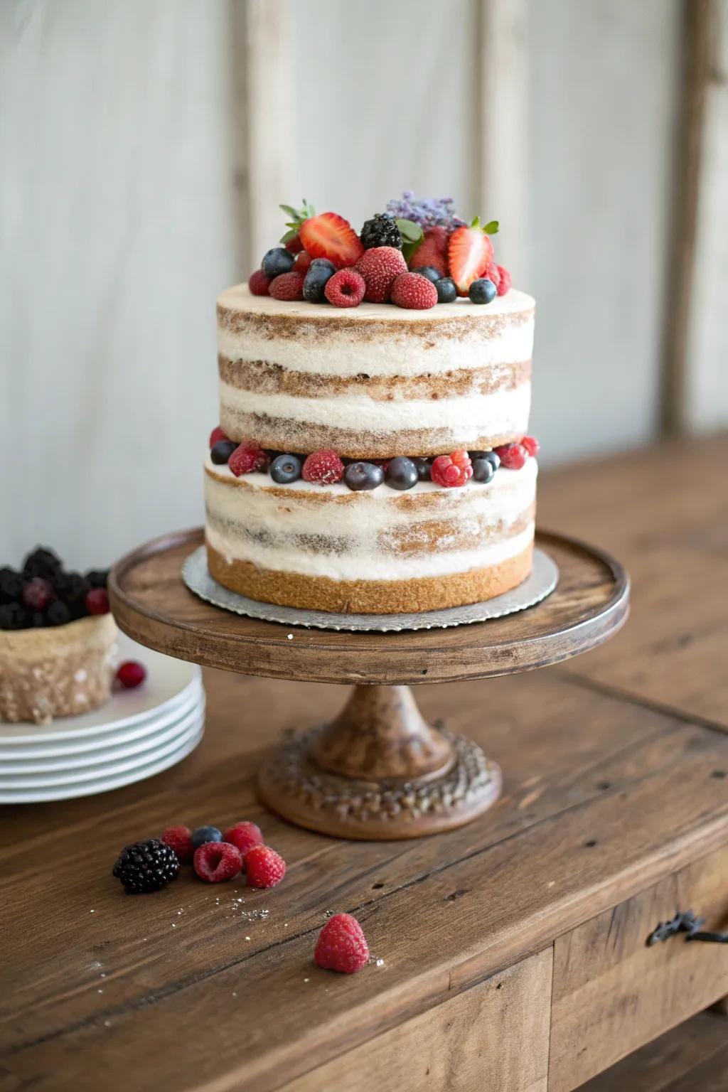 A naked cake with fresh berries, showcasing its natural beauty.