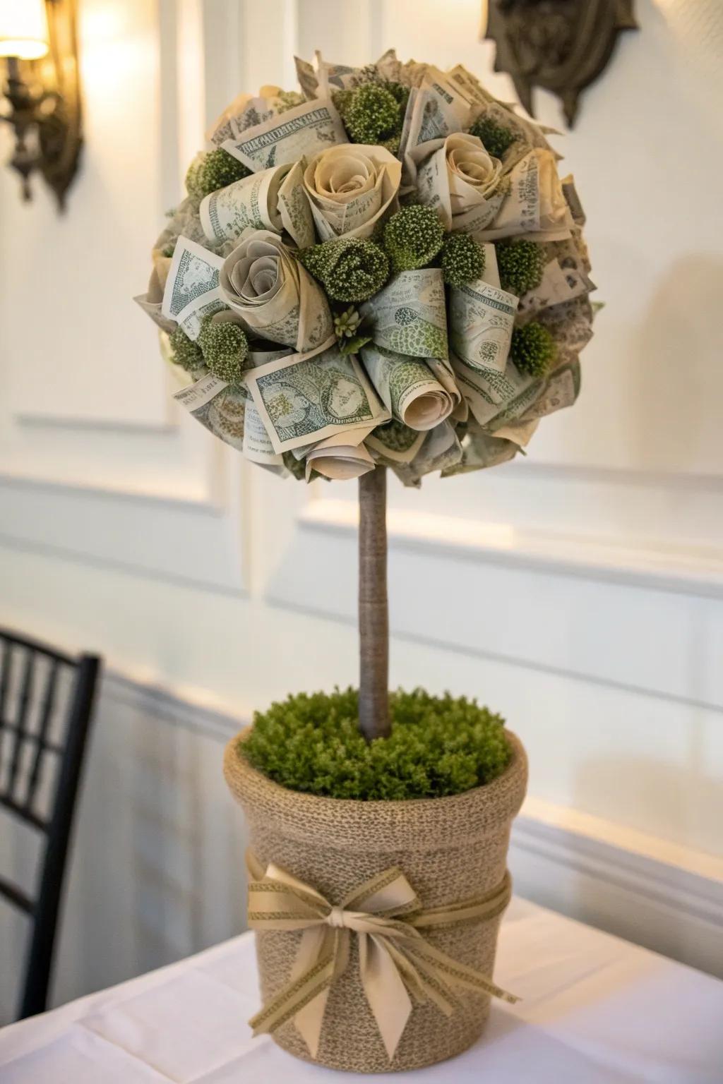 Transform currency into a bouquet of beauty with this stunning money topiary—where art meets generosity.