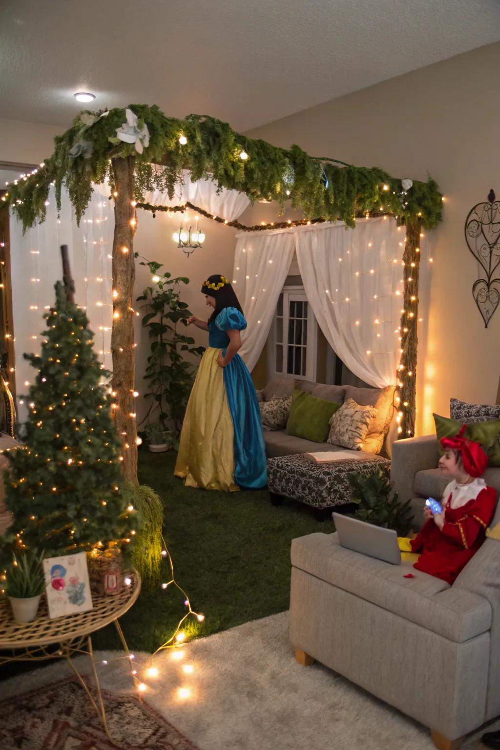 A fairy tale adventure setup with costumes and enchanted decorations.