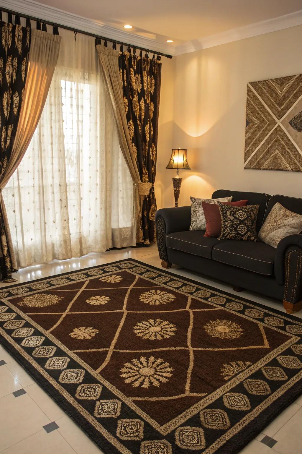 Patterns can enliven a black and brown decor scheme.