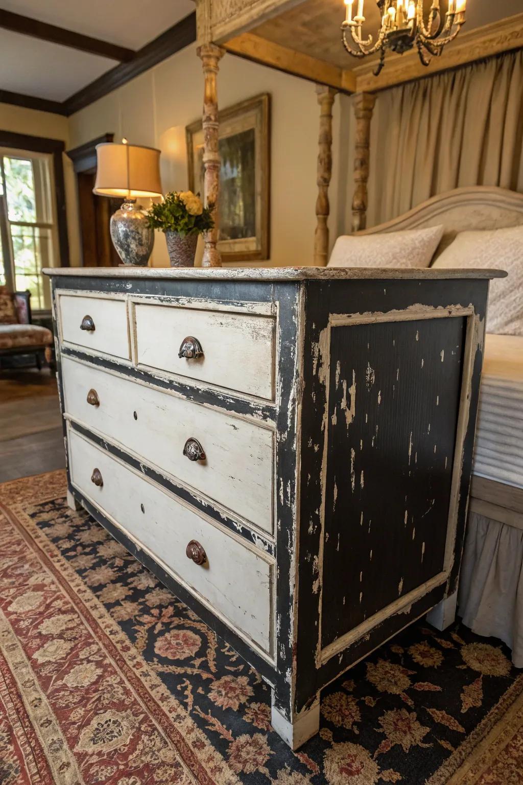 A vintage-style dresser with distressed detailing for a touch of old-world charm.