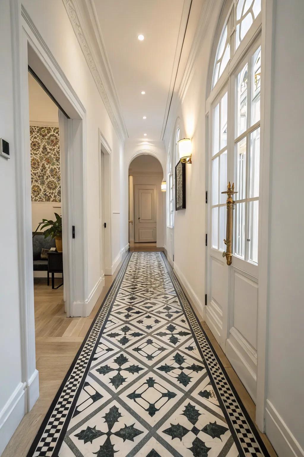 Dynamic geometric tiles add visual interest to this hallway.