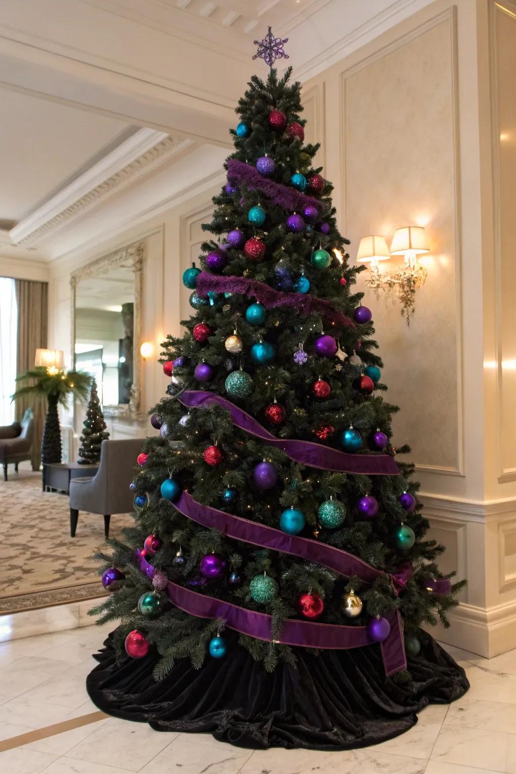 A jewel-toned black Christmas tree featuring rich colors and luxurious textures.