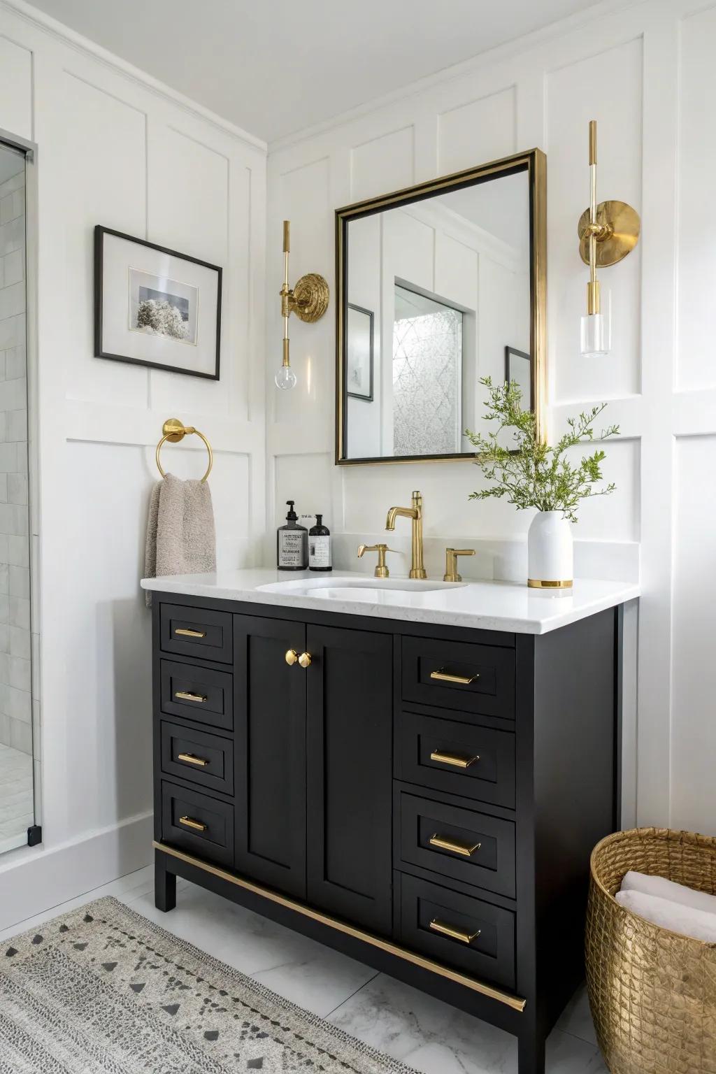 A sophisticated bathroom featuring a black vanity and elegant gold accents.