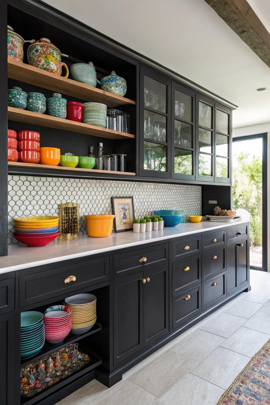 Open shelving adds a lively touch to a kitchen with black cabinetry.