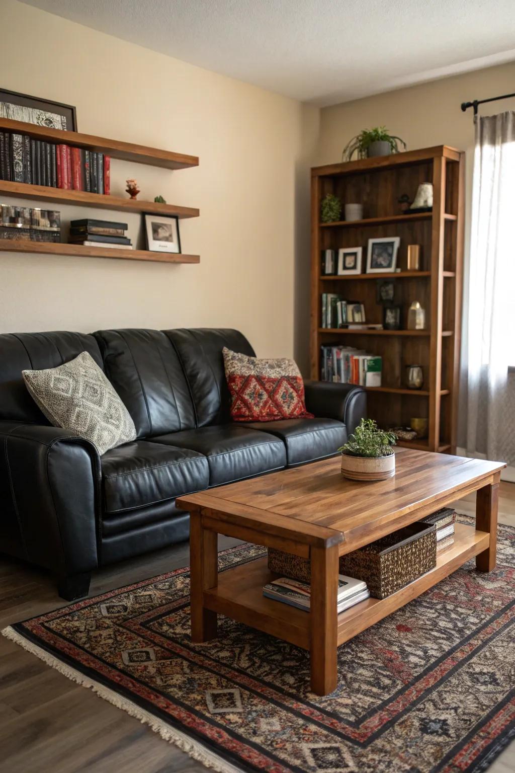 Warm wooden elements complement the modern black leather sofa.