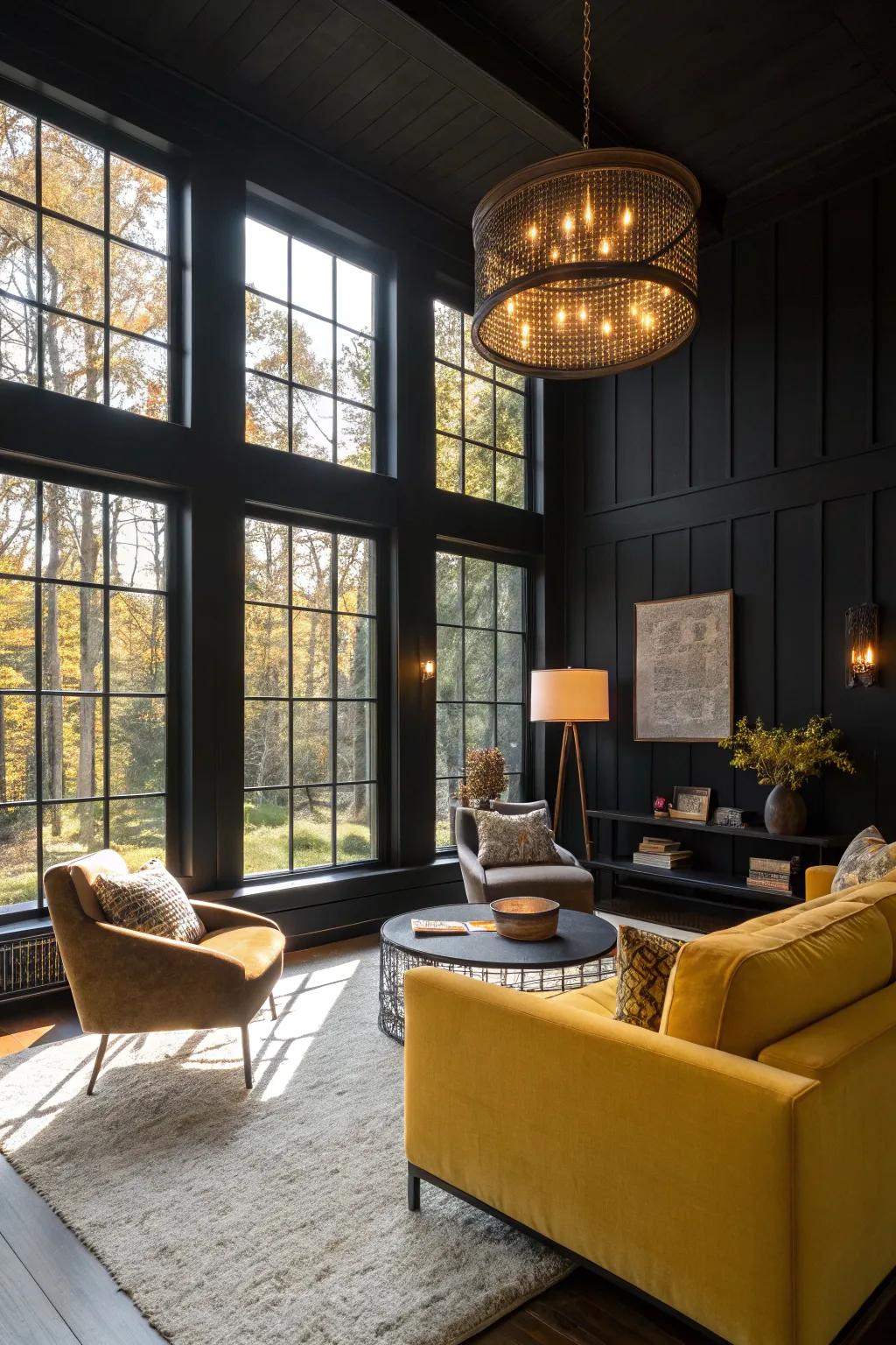 A bright black living room that balances light and shadow beautifully.