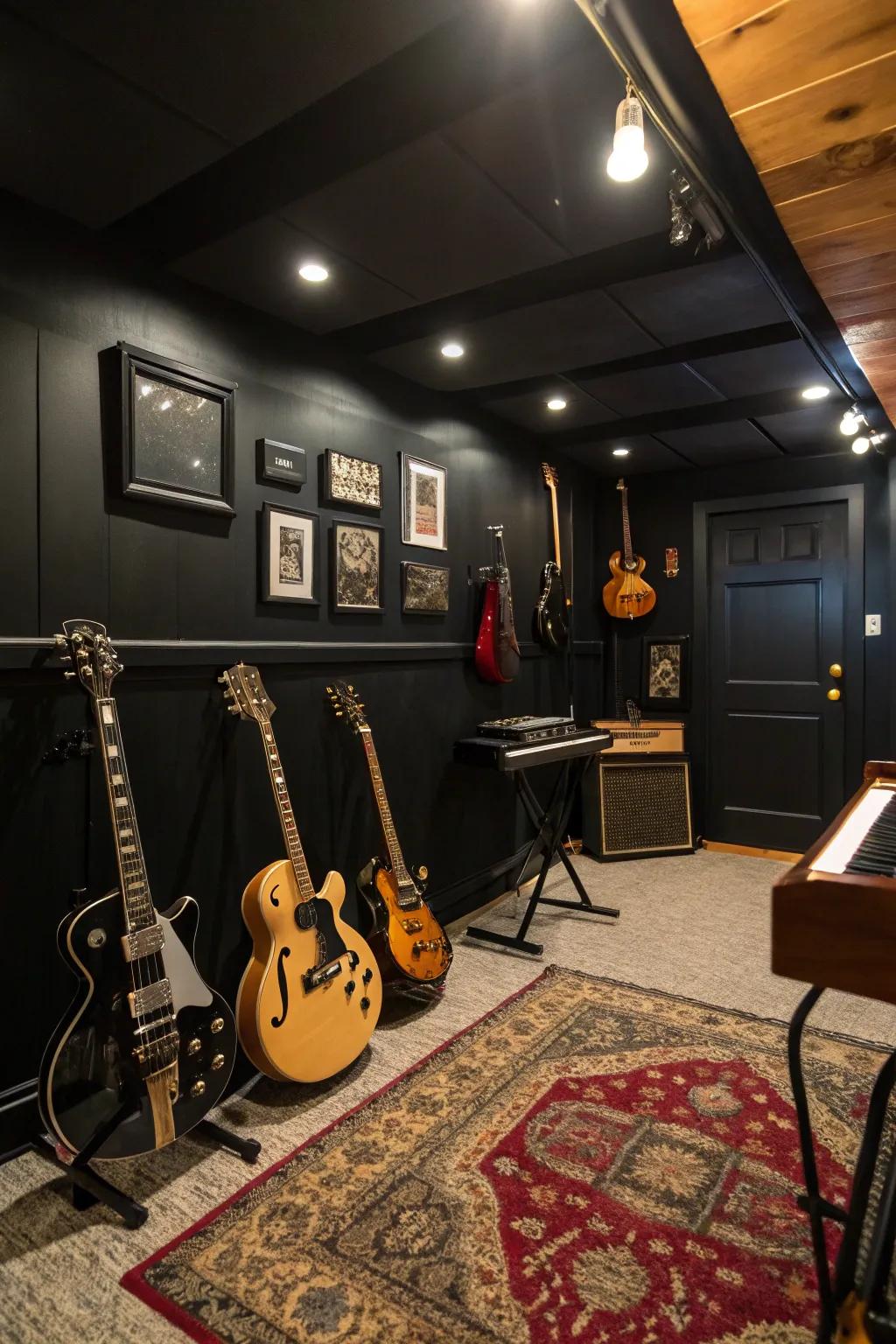 A music room where black walls enhance the acoustic experience.