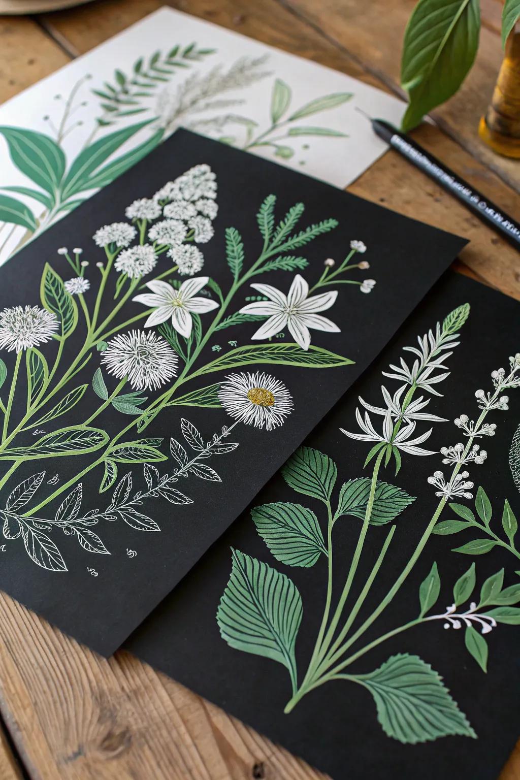 Bring nature indoors with elegant botanical illustrations on black paper.