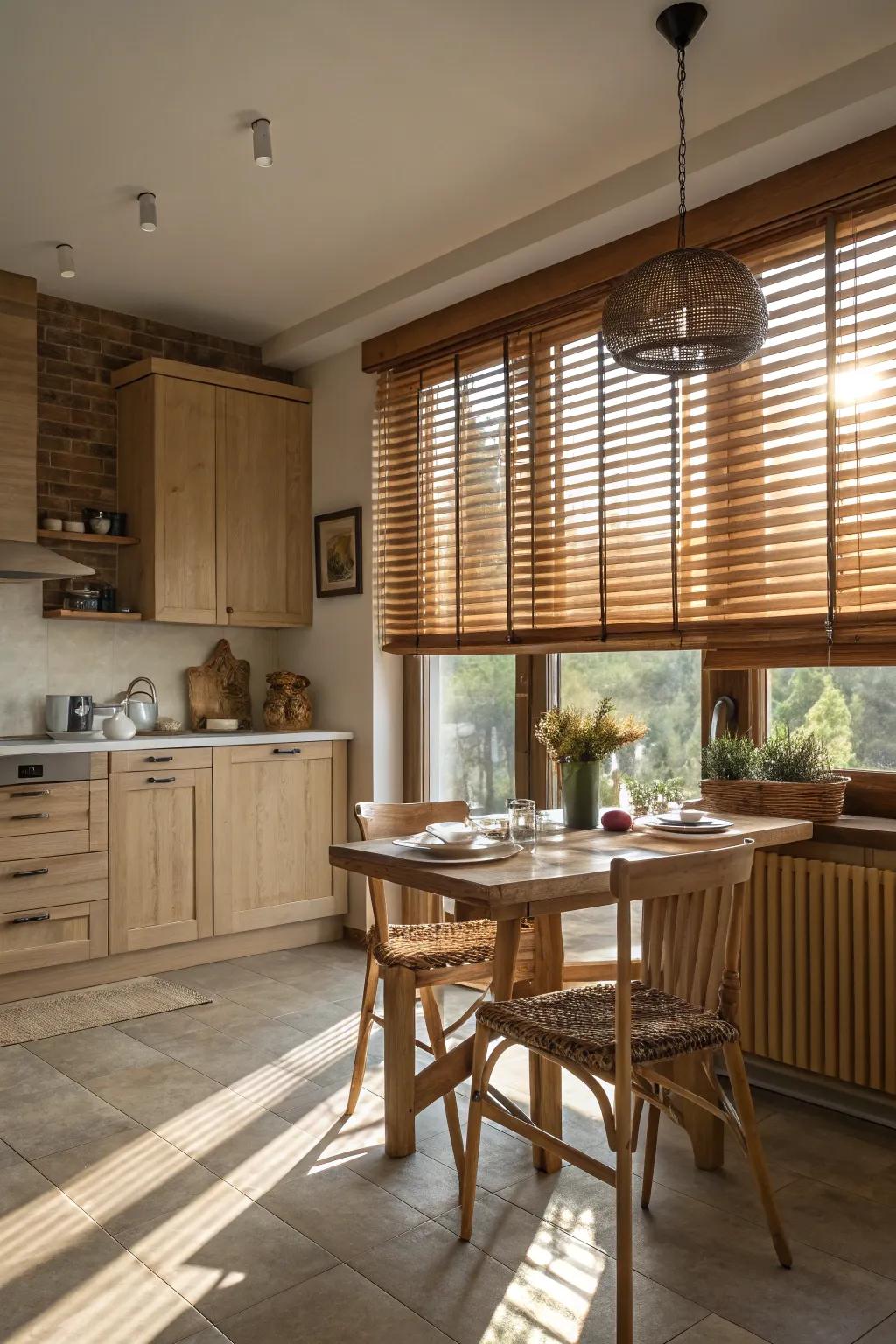 Add warmth and texture with wooden blinds.