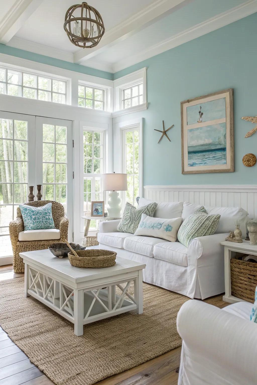 A coastal-themed living room with a sea blue accent wall and white furnishings.