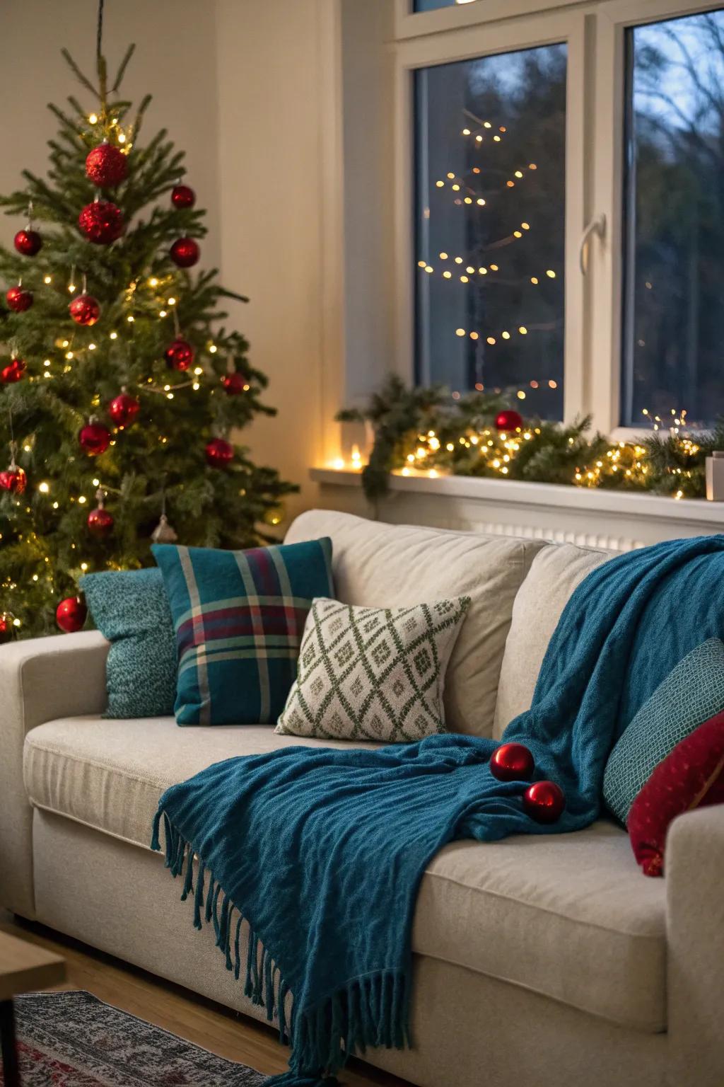 Cozy blue throws and pillows add warmth and style to your holiday decor.