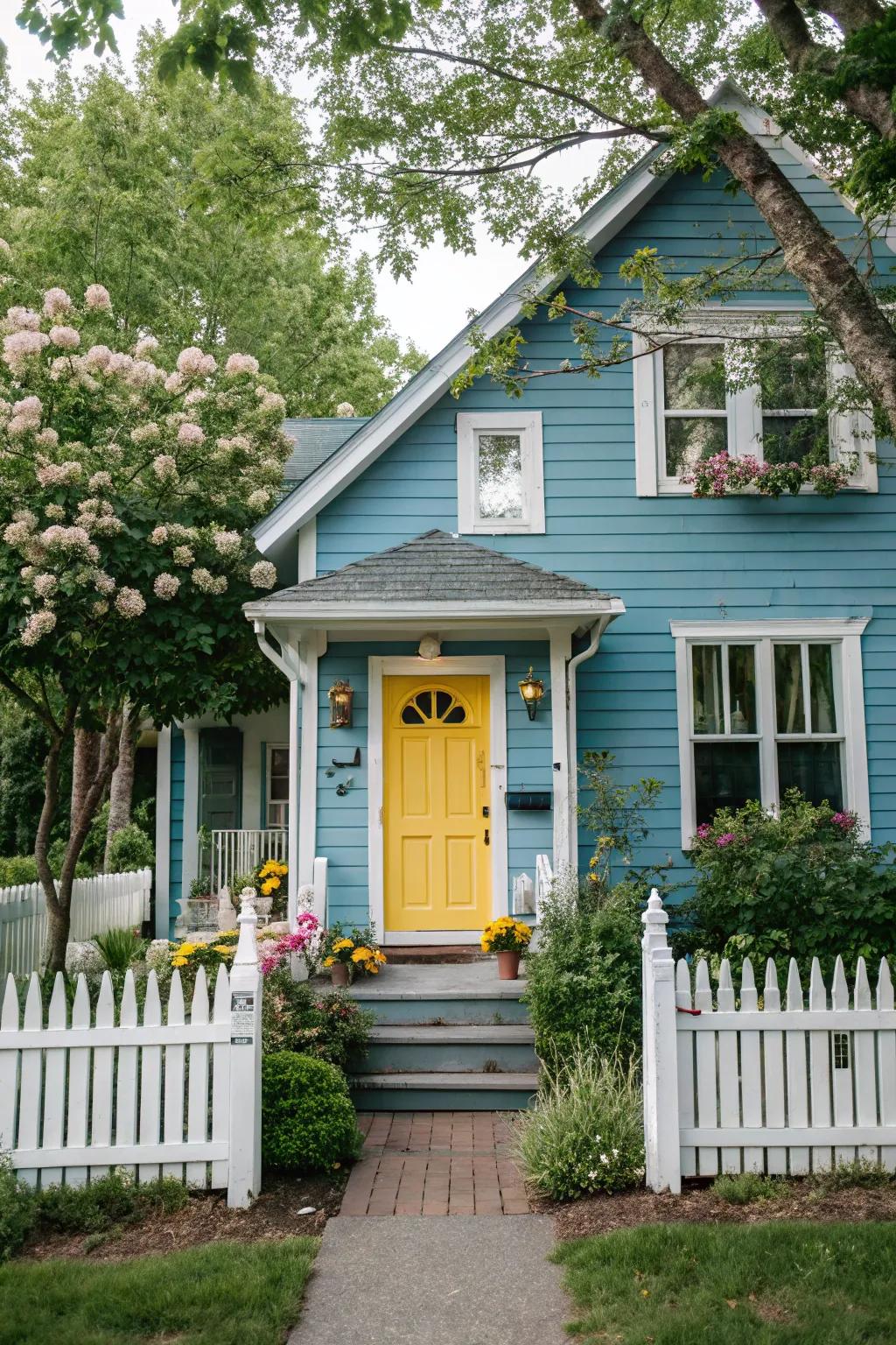 A yellow door brings a cheerful vibe to any blue house.