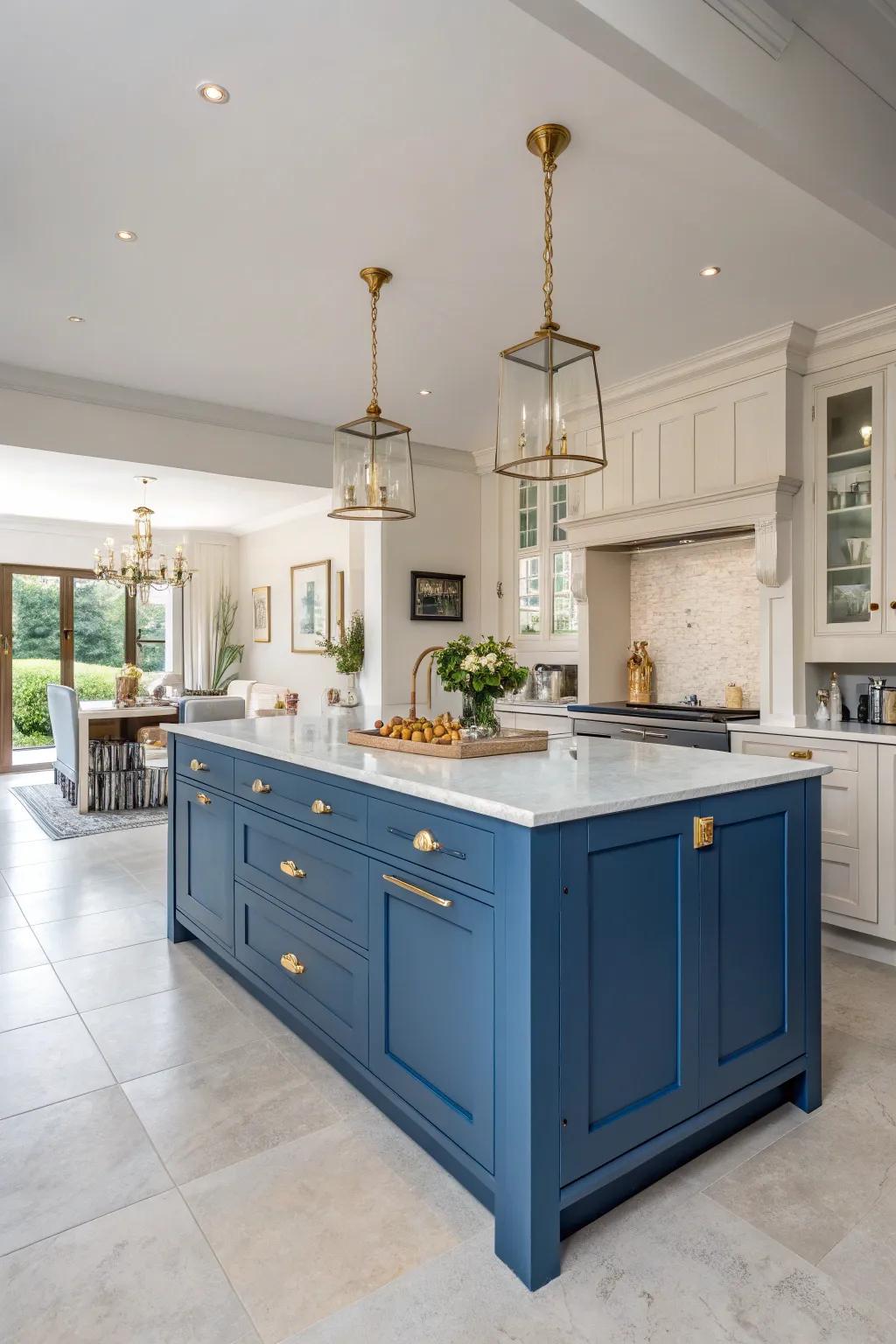 A bold blue kitchen island with gold accents serves as a striking focal point.