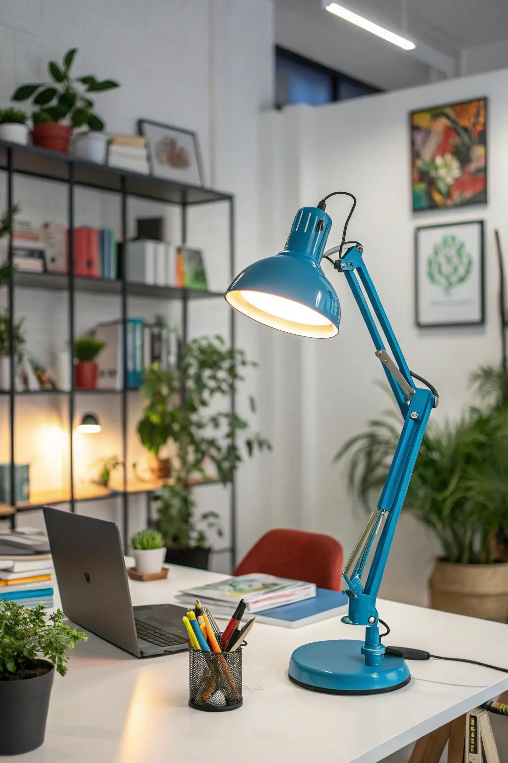 A blue lamp adds both light and personality.