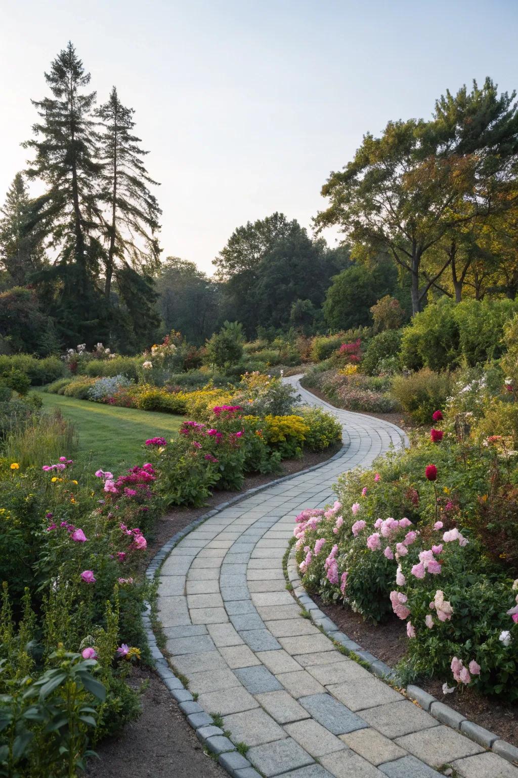 Curved bluestone paths offer a graceful flow through vibrant gardens.