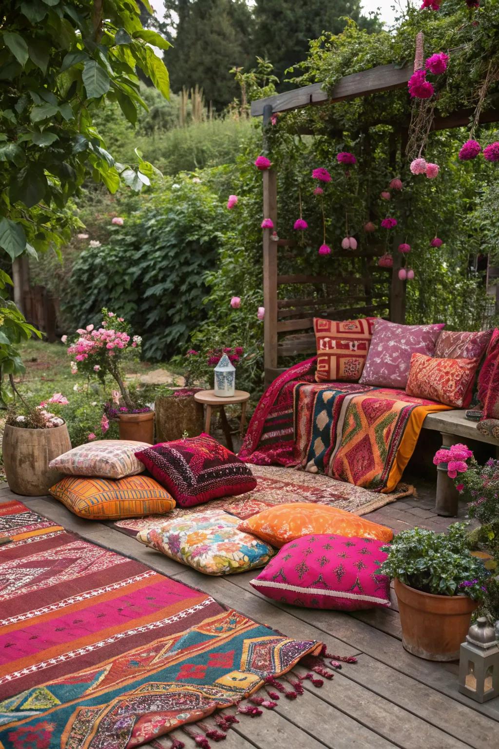 Vibrant textiles adding life to a boho garden.