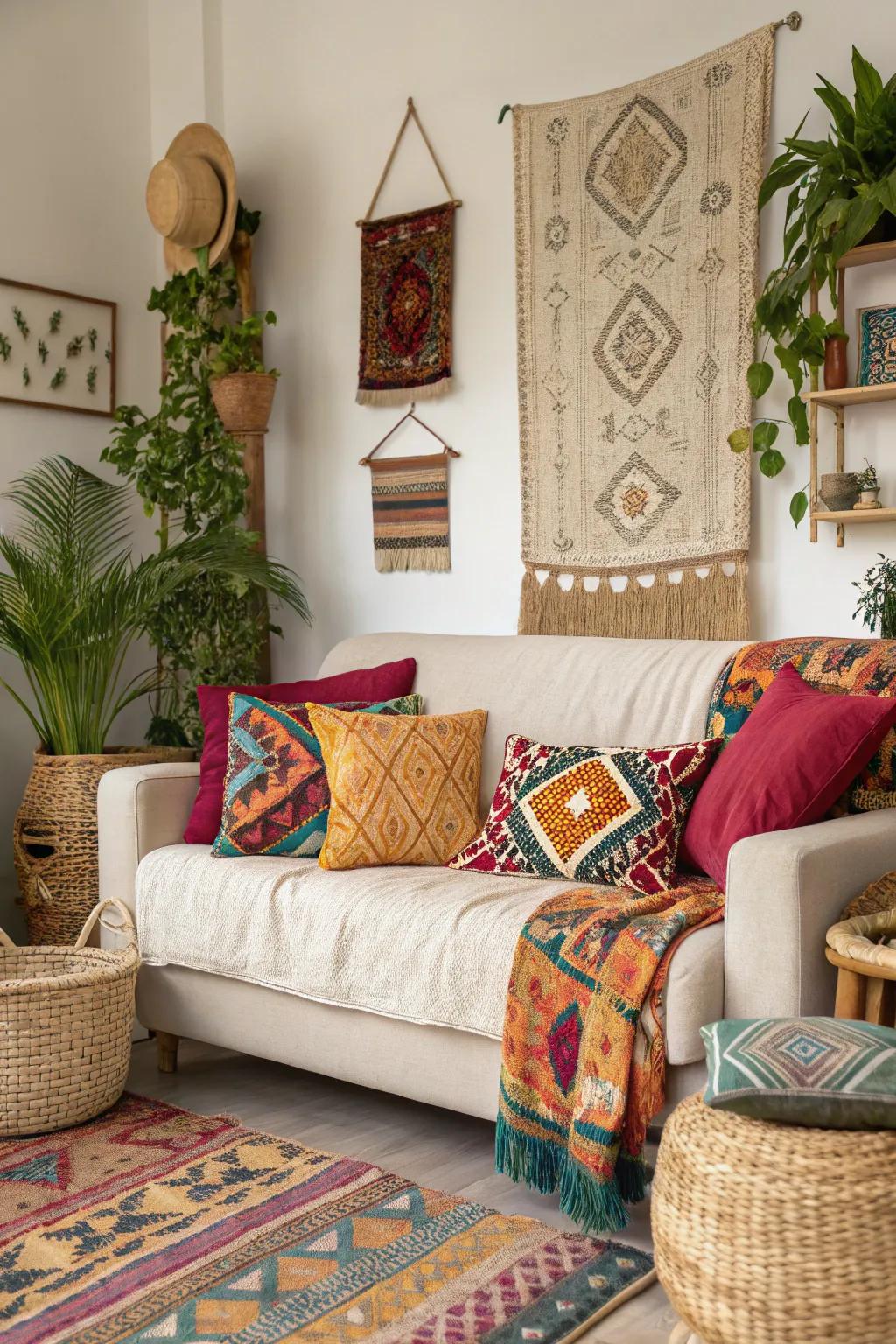 Colorful textiles add vibrancy and personality to boho decor.