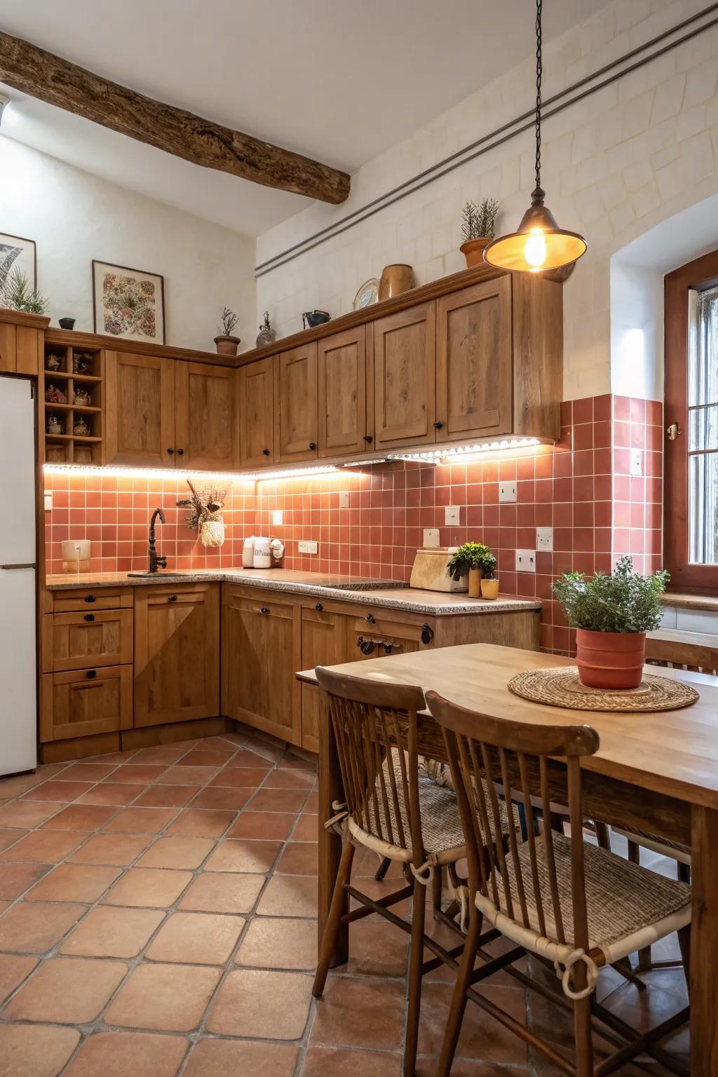 Terracotta tiles bring warmth and rustic charm to this kitchen.