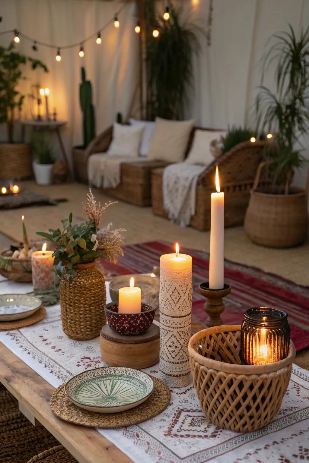 Candles add a magical glow to any boho setting.