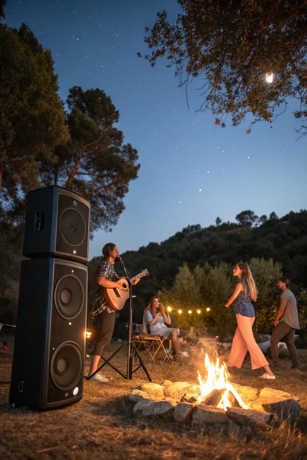 A curated playlist enhances the bonfire experience.