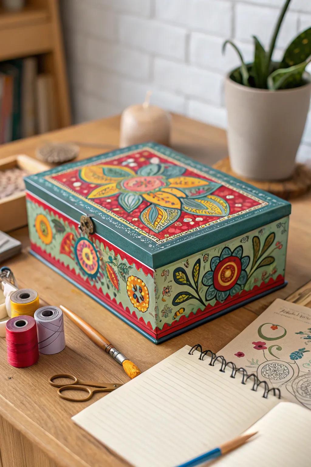 A decoupage book box showcases bold patterns and colors.